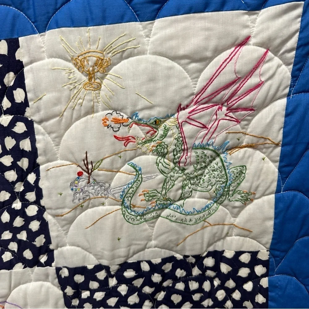 Vintage Hand stitched dragon quilt whimisical fairytale blanket